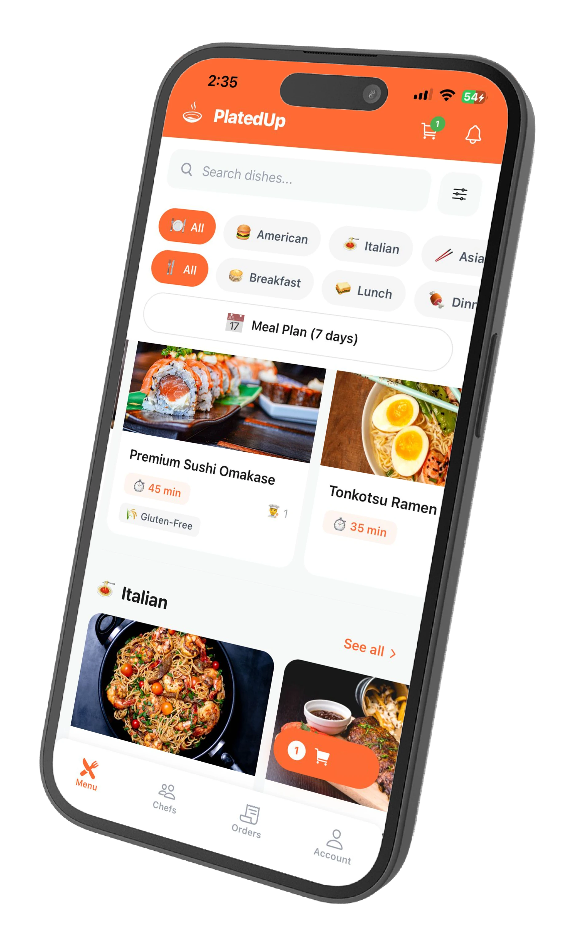 PlatedUp app — browse dishes and book a cook